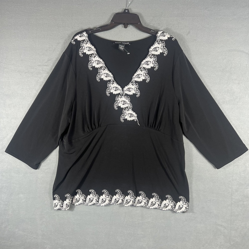 Scott‎ Taylor Women's 2X Plus Black Embroidered V-Neck Tunic Top 3/4 Sleeve